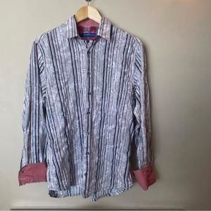 Georg Roth Long Sleeve Button Up Shirt Large Cotton Paisley Stripe Blue Red